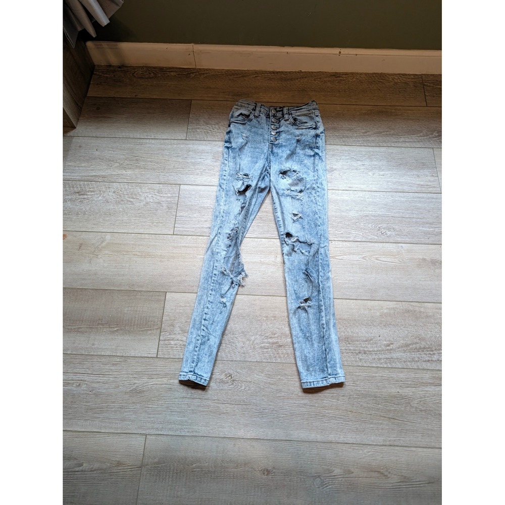 Hot Kiss Womens Highest Rise Skinny Ankle Jeans Acid Wash Distressed Ripped Sz 1